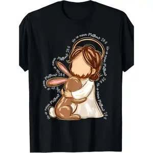 He Is Risen Easter TShirt Featuring Religious Jesus and Bunny Design with Matthew 286 Bible Verse in Black with Golden Details