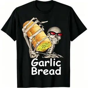 Menswear Casual Short-Sleeve Round Neck Garlic Bread Skeleton Funny Unisex Classic Cotton Top, Soft Fabric