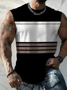 Men's Quick-Dry Sweat-Wicking Sports Vest, Athletic Apparel, Summer Fitness Training Running Breathable Moisture-Wicking Sleeveless Tank Top, Colorblock Striped Design