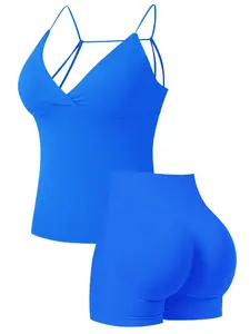 Women 2 Pieces Seamless Sportswear Yoga Workout Set, Deep V Spaghetti Strap Camisole Top Matching High Waist Scrunch Butt Lifting Shorts, Summer Casual Gym Fitness Sports Outfit for Daily Yoga Workout