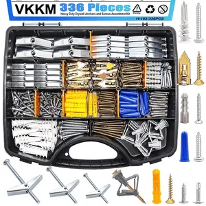 VKKM 336Pcs Heavy Duty Drywall Anchors and Screws Kit, 11 Sizes Plastic & Metal Assortment, No Pre-Drilling Self Tapping Hardware Set with Toolbox for Home DIY Concrete Brick Drywall