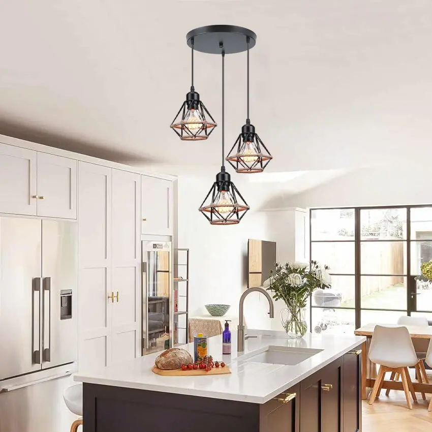 E27 Farmhouse Style Jute Rope Three-Light Pendant Lamp, Metal Cage Hanging Light, Corridor Lighting Fixture, Kitchen Island Table Lamp, Dining Room Ceiling Fan, Ceiling Lights