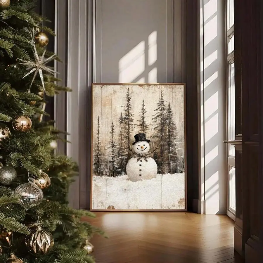 Cute Snowman Theme Christmas Decoration Set, Framed Canvas Wall Art Poster, Party Decor, Living Room Home Decor, Festive Holiday Gift Idea, Modern Home Decor