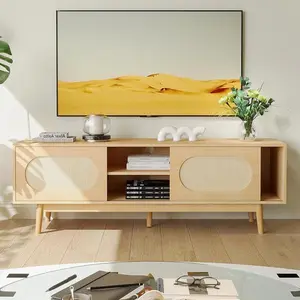 VOWNER Springtok Modern Rattan Farmhouse TV Stand for 55/60/65 Inch TV with Natural Rattan Door & Shelves, Minimal Interior Design, Home Storage