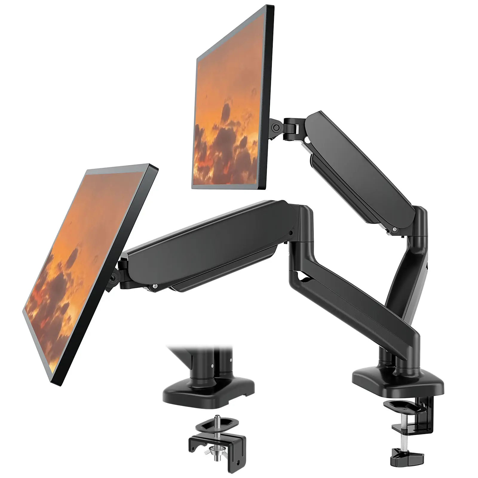 Sweet Furniture S Gas Spring Monitor Arm Desk Mount - Fully Adjustable Stand for 15-27 Inch Ultra Wide Screens, with Clamp, Push-in Grommet Mount, Swivel, 90°/-85° Tilt, Reduces Neck and Back Strain, Computer Desk