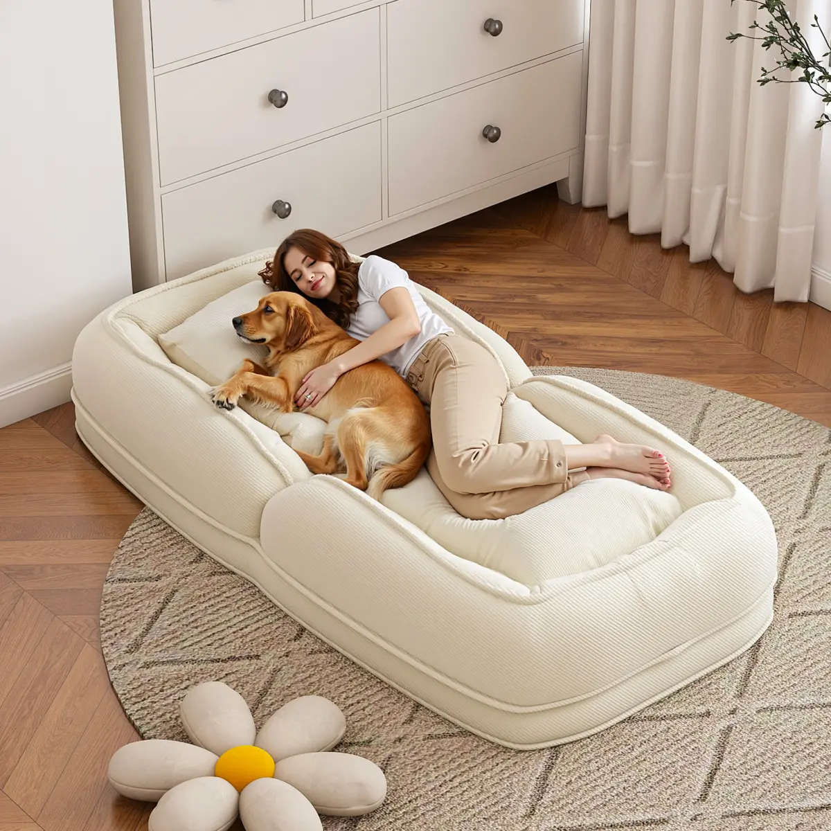 White Sturdy Sponge-Cotton Floor Recliner Chair for All Ages - 5-Position Foldable Lazy Sofa Bed, 2 Soft Pillows, 90°-180° Tilt Frame, Ergonomic Design, Suitable for Reading, Kid Room, Various Room Types