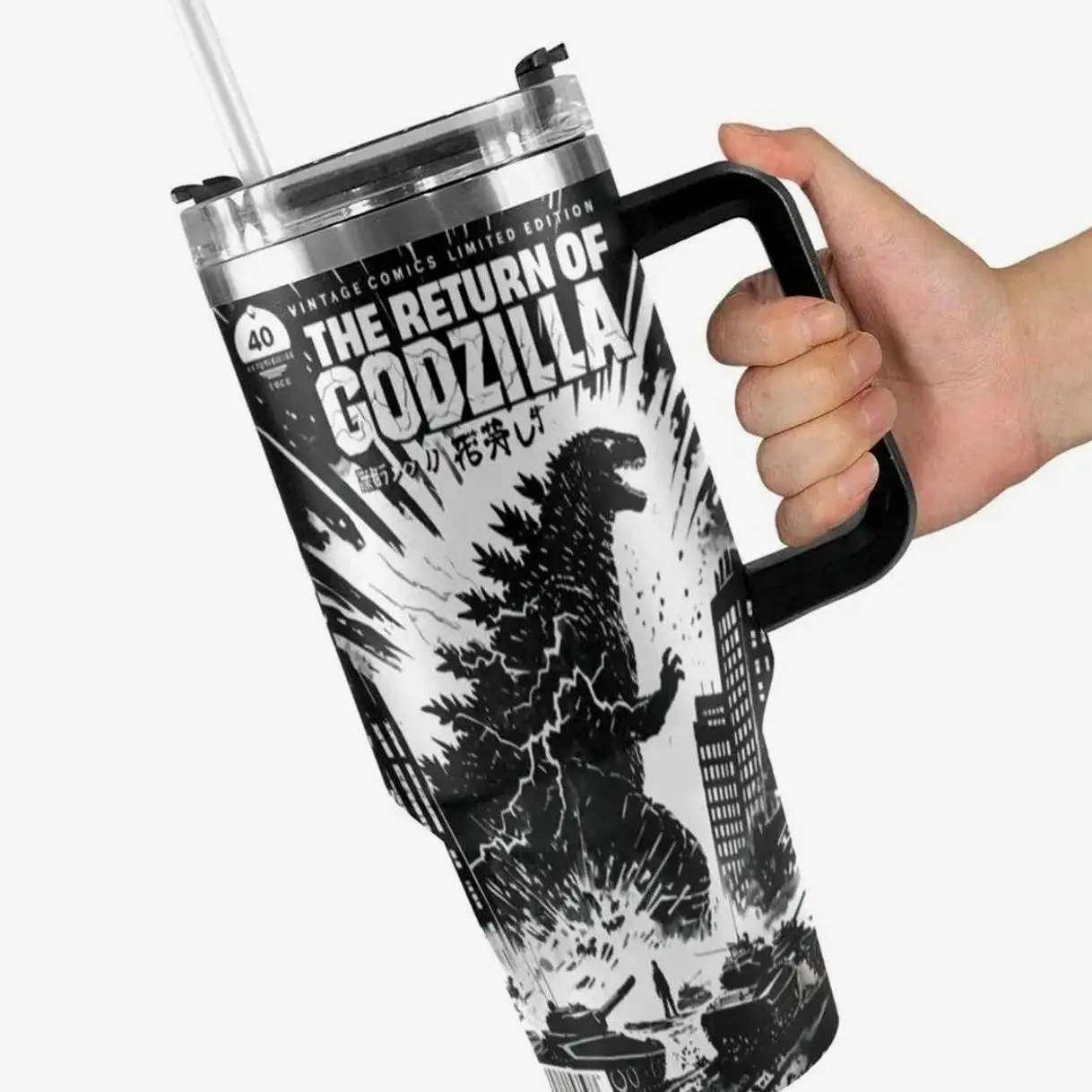 Godzilla 40oz Insulated Tumbler with Handle & Straw - Leak-Proof Stainless Steel Vacuum Flask - Cool Monster Gift for Fans & Coffee Lovers