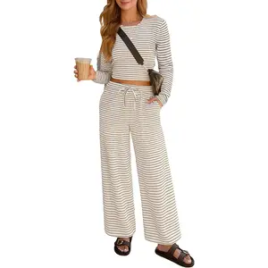 Lazysmile Lounge Sets For Women Casual Striped 2 Piece Outfits Long Sleeve Tops and Wide Leg Pants Loungewear Pajama Set