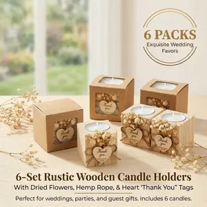 6-Piece Rustic Wooden Tealight Candle Holders with Dried Flowers, Heartfelt Thank You Tags and Hemp Rope, Romantic Candlelight Decor for Bridal Showers, Intimate Parties, Cozy Home Settings and Thoughtful Guest Gifts, Elegant Centerpieces for Creating War