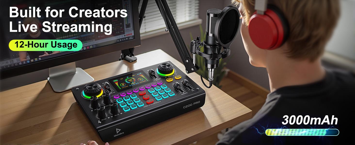 Ideanthro C200 PRO-P15 sound card features a dual-core DSP chip, supports dual microphones and dual headphones, has adjustable tone and multiple voice changer settings, and is compatible with most live streaming platforms
