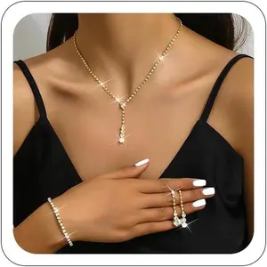 Gold Jewelry Set for Prom,Pearl Necklace Earrings Bracelet Crystal Bridal Wedding Prom Dresses Costume Jewelry Accessories Rhinestone Bridal Jewelry Set for Women