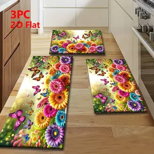 2/3 Piece Flannel Kitchen Mat Set, Vibrant Sunflower & Butterfly Floral Design, Non-Slip, Absorbent, Home Decor, Floral Washable Rug