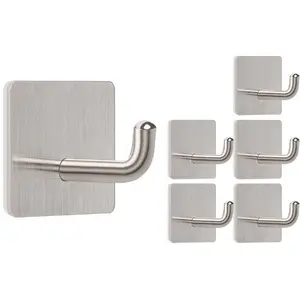 Summer Gift Adhesive Towel Hooks, 304 Stainless Steel Self Sticky Wall Hooks Waterproof Shower Hooks for Robe/Clothes, No Drilling Towel Hangers for Bathroom Kitchen Bedroom (Brushed Nickel, 6 Packs)