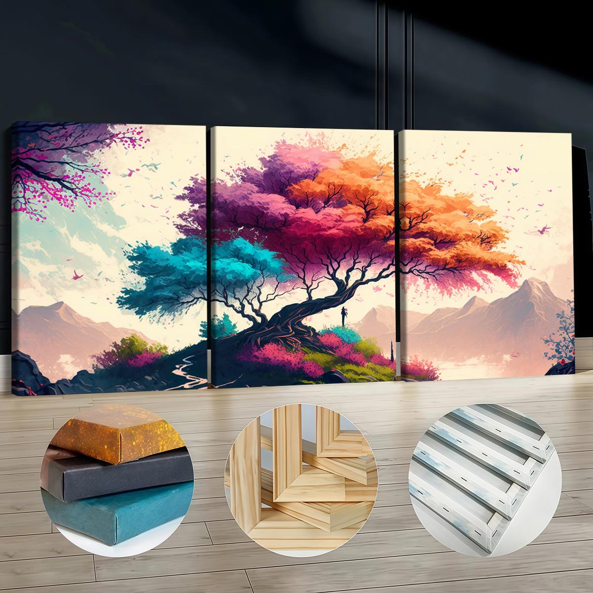 3Pcs Wooden Framed Canvas Painting, Colorful Fantasy Tree And Mountain Landscape, Exquisite Poster, Home Decoration, Pattern Wall Art Decor, For Living Room, Bedroom, Office, Restaurant, Bar Wall Decor, Odorless, Painting, Print Artwork.