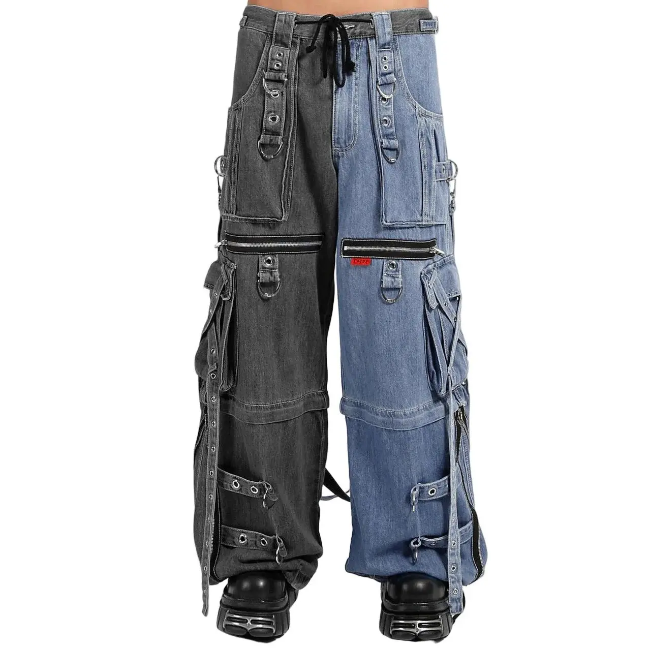 Tripp NYC X-Strap Split Denim Pants [BLACK DENIM/INDIGO BLUE]