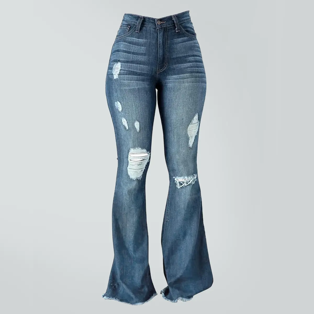 Women's SHAPUM Vintage Stretchy Cotton Fabric Bell Bottoms - 90s Mid-Waist Ripped Distressed Flare Jeans, Zipper-Closure Tall-Friendly Fit Denim Pants