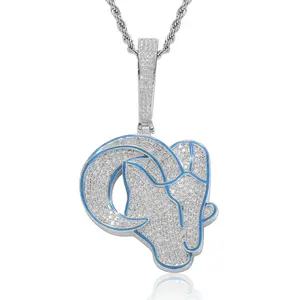 Men's Custom Ram Head Pendant Necklace - Iced Out Goat Head CZ Diamond Chain, Silver Blue Outline Animal Pendant, Hip Hop Street Jewelry Gift, Custom Pendant