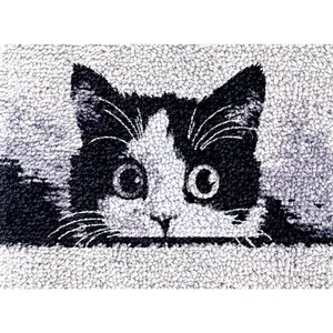 Black and White Cat Cute Latch Hook Rug Kit for Adults DIY Carpet Cushion with Printed Canvas Crochet Yarn Craft Hook and Latch Tapestry for Home Decor Pets Warm Pads 52x38cm(2)