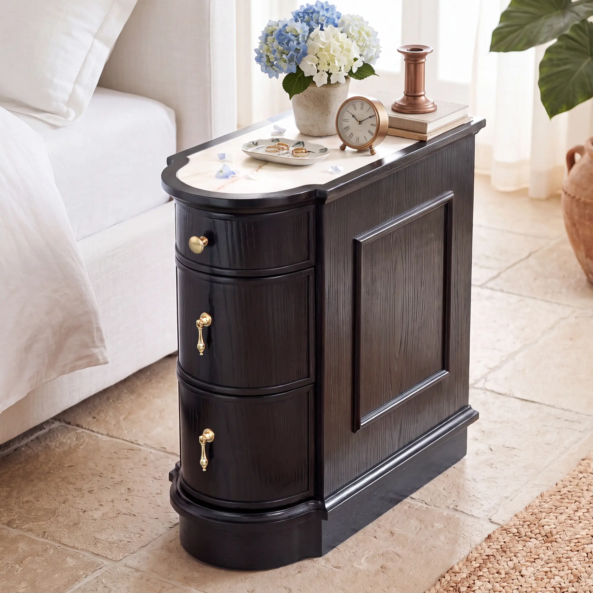 Black Nightstand w/Charging Station, Vintage Side Table, Antique-Style Pulls, Sintered Stone Top, Rustic Wood Finish, Vintage 3 Drawer End Table for Bedroom & Living Room, Pre-Assembled