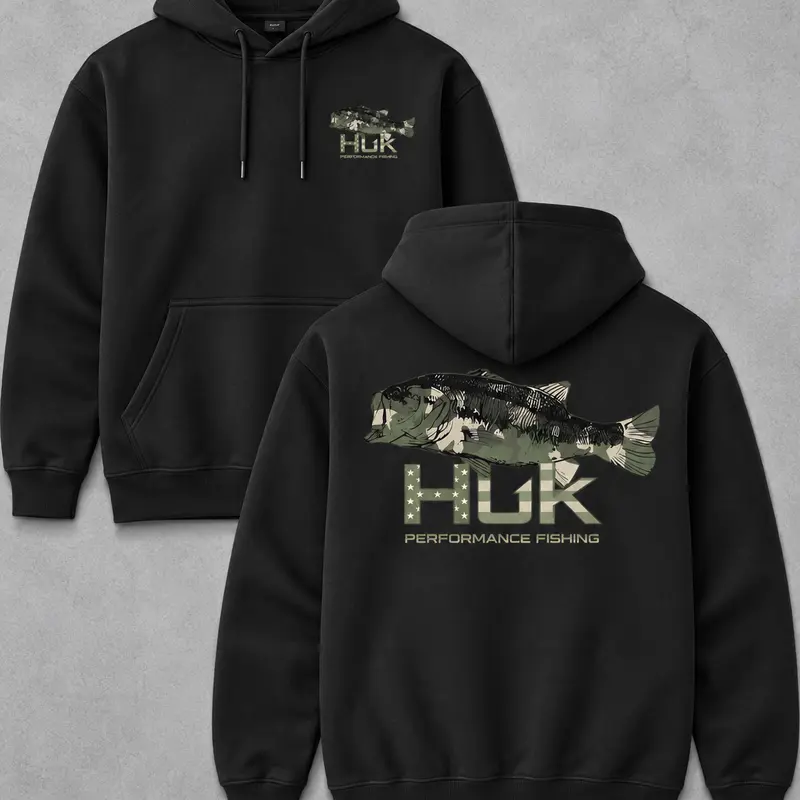 Men’s HUK Performance Fishing Hoodie, Camo Bass Graphic Pullover Sweatshirt, 100% Cotton Outdoor Fishing Hoodie, Casual Angler Streetwear