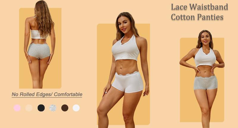 FINETOO 6 Pack Women's Lace Belt Cotton Boyshorts Underwear Soft Breathable Panties Plain Elastic Boxer Briefs