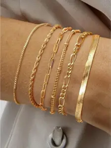 Trendy 5 Pcs Golden Glamorous Bracelets Copper Chain Bracelet Set for Women Men Twist Figaro Herringbone Chain Adjustable Link Charm Bracelets with Jewelry