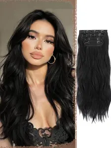 Clip in Long Wavy Synthetic Hair Extension 24 Inch Black 4PCS Thick Hairpieces Fiber Double Weft Hair Synthetic Extensions for Women