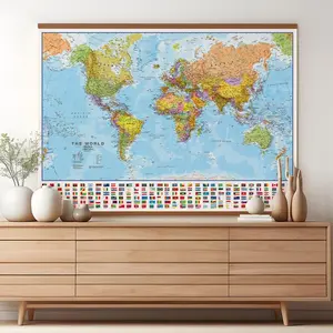 Political World Map with Flags Poster - home, wall hanging, push pin map, living room, bedroom, home decor, map poster, study