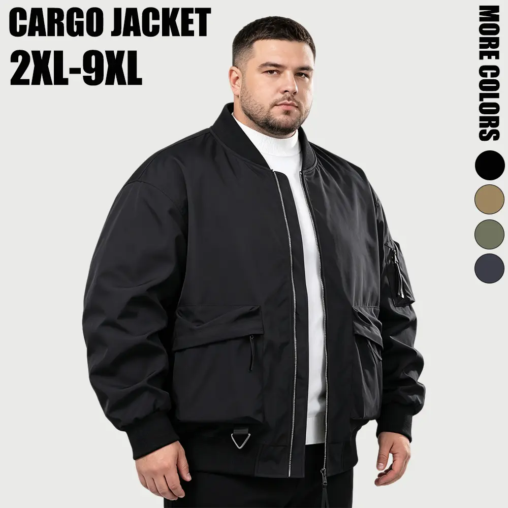 【2XL-9XL】Plus-size men’s workwear baseball-collar jacket with multiple cargo pockets; casual oversized fit with a relaxed drop-shoulder design; ribbed collar, cuffs, and hem; suitable for everyday wear, streetwear outings, and city commuting.