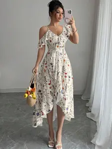 Asymmetrical Ruffle Flower Print Summer Dress - Elegant & Flowy