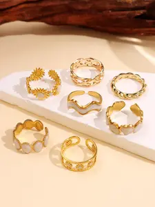 7-Piece Set Vintage Elegant Fashionable Personalized Light Luxury Design Sun Heart Geometric Shape White Pearl Gold Ring Set Suitable for Daily Commuting and Holiday Wear Women's Jewelry rings