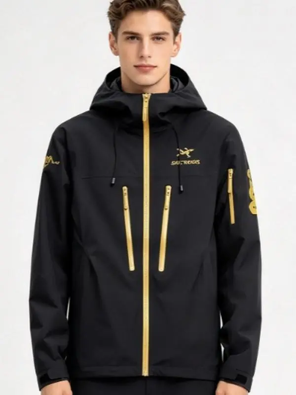 Unisex Black And Golden Yellow Color Block Hooded Hard Shell Jacket Windproof Waterproof Fabric Multi Zipper Pockets Outdoor Hiking Trekking Windbreaker For Mountain Camping Daily Wear