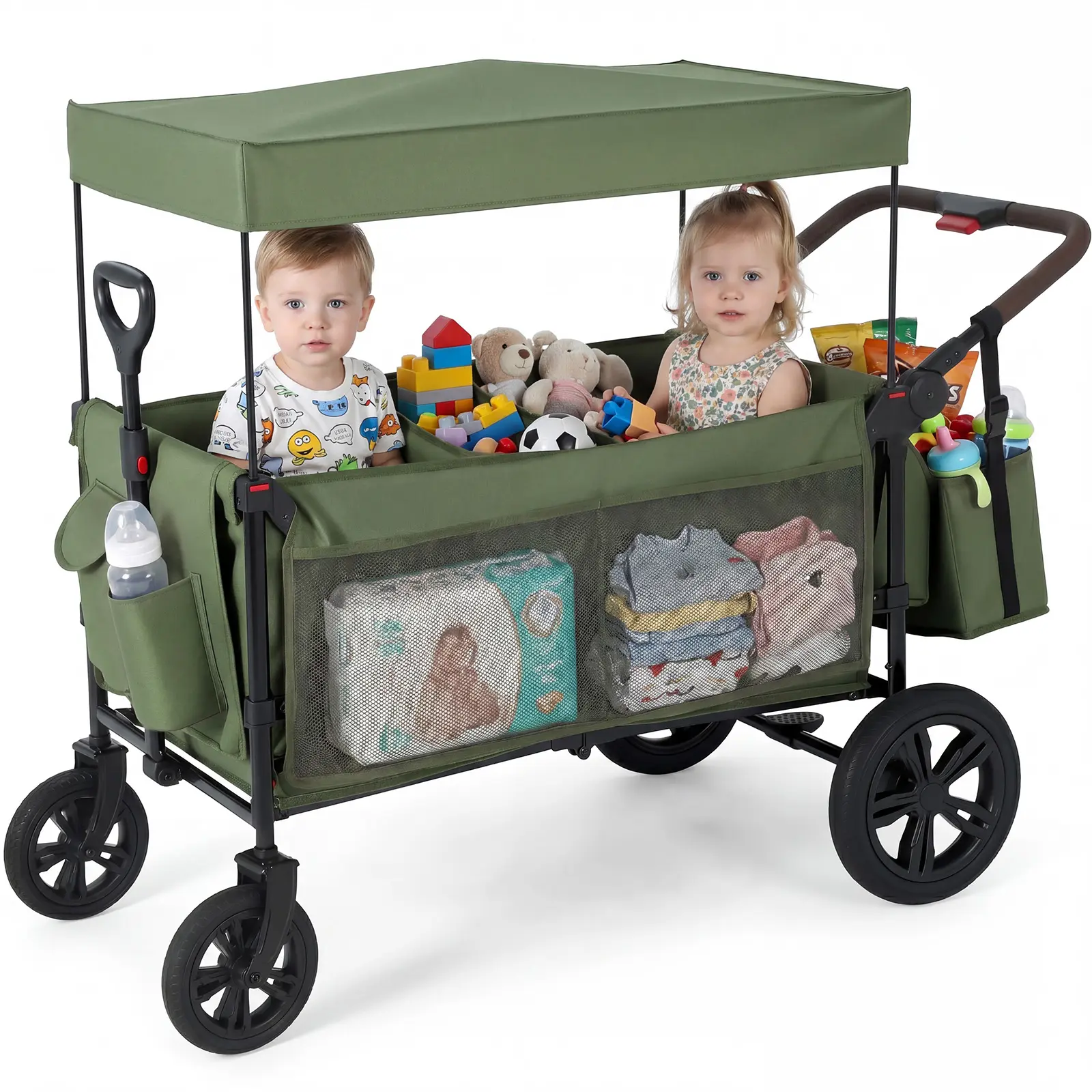 Garvee 2-Seat Collapsible All-Terrain Stroller Wagon for Kids - Adjustable Push/Pull Handle, Removable Canopy, 5-Point Harness, Large Storage Pocket - Black Cationic Cloth