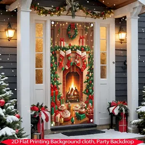 2D flat 1pc    Merry Christmas Door Cover Christmas Fireplace Door Cover Backdrops Xmas Tree Printed Banner Background Xmas Nutcracker Porch Hanging Decorations Holiday New Year Xmas Office  Supplies Banner HomeDecor, Party Decorations Banners