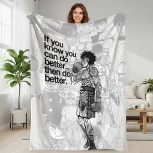 Boxing Motivation Flannel Blanket Anime Fighter Print Inspirational Quote Design Soft Warm Lightweight Cozy Throw for Bedroom Living Room Office Gym Gift Decor