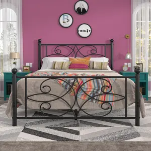 VECELO Queen Twin Full Size Bed Frame Victoria Style Metal Platform Bed with Headboard and Footboard, Heavy Duty Mattress Foundation, No Box Spring Needed, Easy Assembly, Black