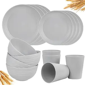 16 count Wheat Straw Dnerware Sets Plastic Dnerware Sets for 4 Plates and Bowls Set  Tableware Grey Dish Set 8 Plates 4 Bowls 4 Cups Microwave Dishwasher