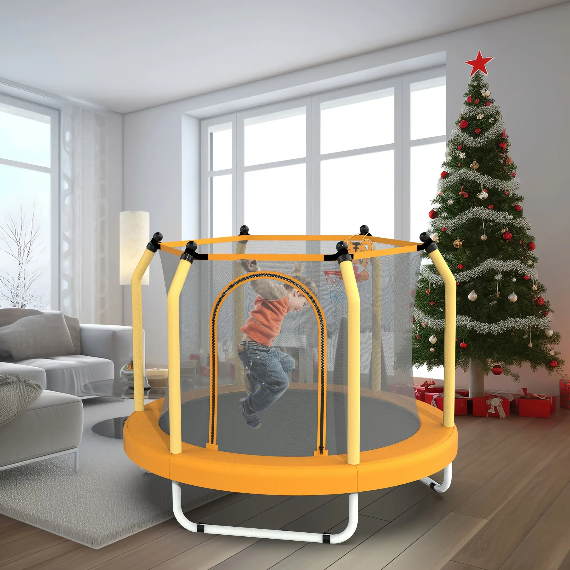 55'' Orange Youngsters Trampoline with Enclosure Net, Anti-Slip Foot Pads, and Mini Basketball Hoop - Safe Indoor & Outdoor Playset for Youngsters Ages 1-6, Ideal for Halloween, Christmas, and Birthday Gifts, Youngsters Outdoor Toys