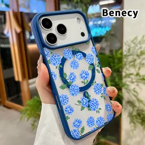 Magnetic Phone Case for iPhone 17 16  Pro Max Plus 15 14 13 12 11 Air E Blue Hydrangea Dream Pattern Acrylic Back TPU Edges Bumper Sockproof skin-friendly feel Bumper Cover