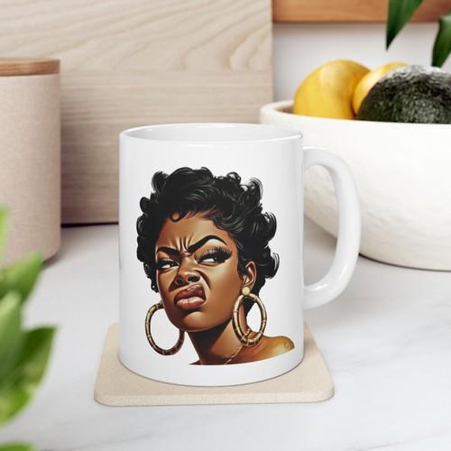 Disgusted Doll Face Ceramic Coffee Mug, 11oz 15oz Funny Meme Cup Gag Gift, 15oz Large Ceramic Coffee Cup with Durable White Finish & Comfortable