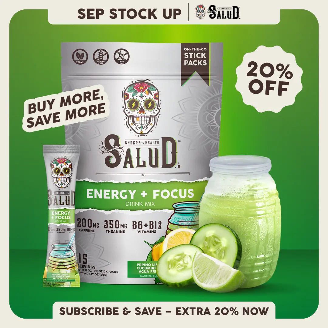 Salud 2-in-1 [Energy + Focus] Clean Energy Drink Mix, Agua Fresca,  Organic Caffeine, B6 & B12, L-Theanine, Drink Packets, Non-GMO, Gluten Free, Vegan, Low Calorie, 1g Sugar (15 Servings)