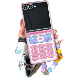 Cute Creative Case for Samsung Galaxy Z Flip 7 with Kawaii Beads Strap, Hinge Protector Cover Retro Print Hard PC, Trendy Girls Wristband Case for Z Flip 7 -Pink