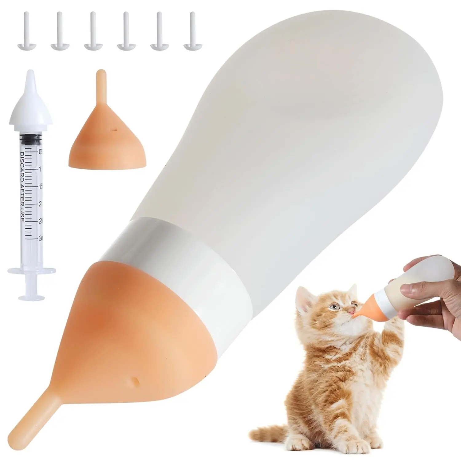 Newborn Puppy & Kitten Feeding Kit, Soft Silicone Squeeze Bottle with Adjustable Flow, Includes Replacement Nipples & Syringe - 3.2oz, White, Replace Nipple, 3.2Fl Oz, Milk Feeder