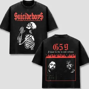 $uicideboy$ T-Shirt, G59 I Want To Die In New Orleans Tee, G59 Skeleton Praying Graphic Top, Vintage Acid Wash Black Oversized Shirt, Retro Hip Hop Rap Merch, Goth Streetwear, Men Women Short Sleeve Heavyweight Cotton Wear F6E