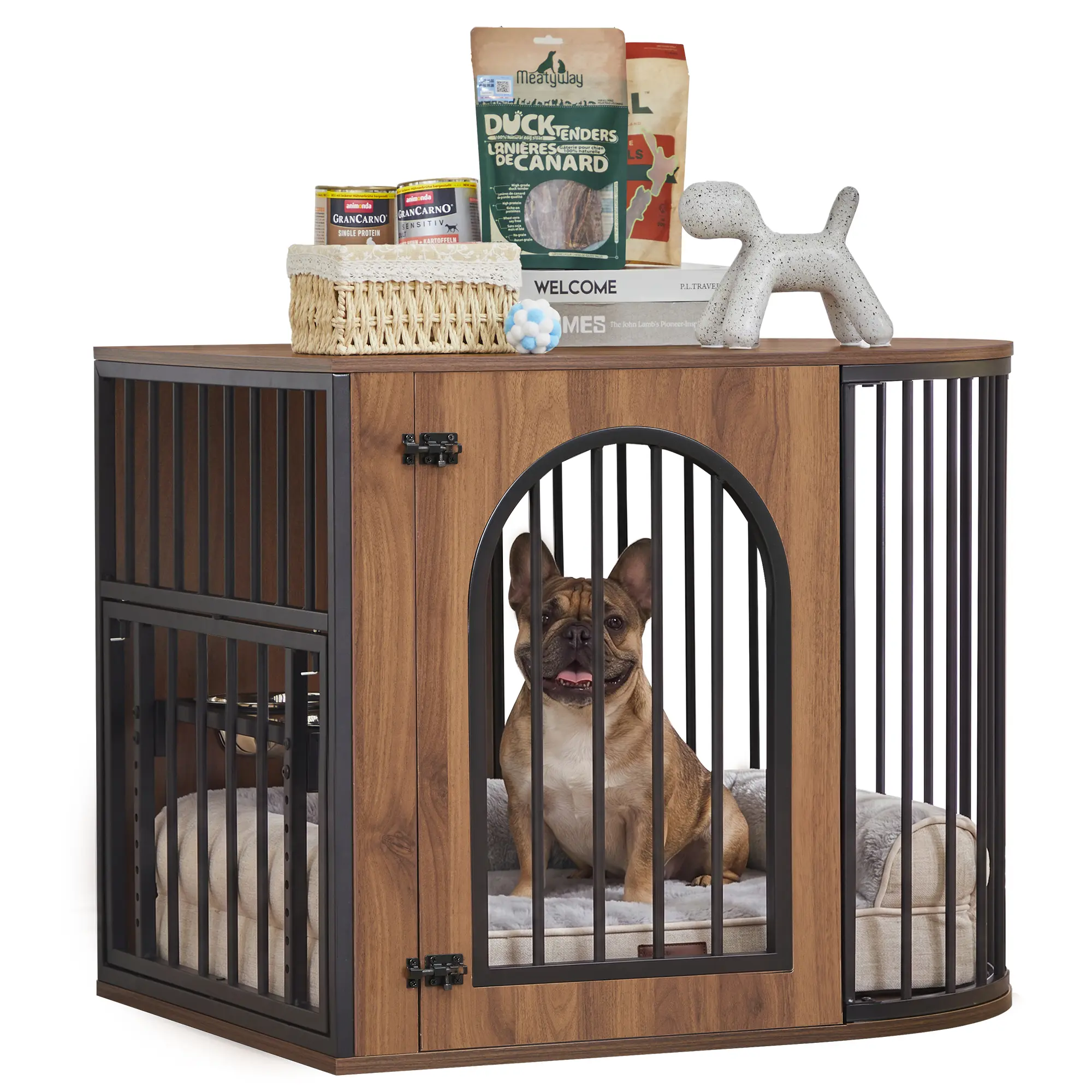 Giratree 31.5'' Oval Dog Crate Furniture, Indoor Dog Kennel for Small/Medium Dogs (Up to 55 lbs), Heavy Duty Dog Cage with Adjustable 360°&Height Dog Bowls Rack TV Stand, Chew-Resistant
