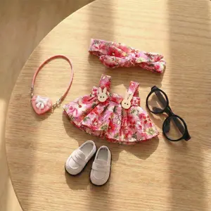 5-Piece Doll Clothes & Accessories Set, Doll Clothing, Fits 17cm La-Bubu Dolls, Includes Floral Headband, Bunny Button Dress, Frame Glasses