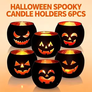 Halloween Horror Pumpkin Candle Holders Set of 6, Unique Ghost Faces Design, Perfect for Halloween Parties, Create Spooky Atmosphere