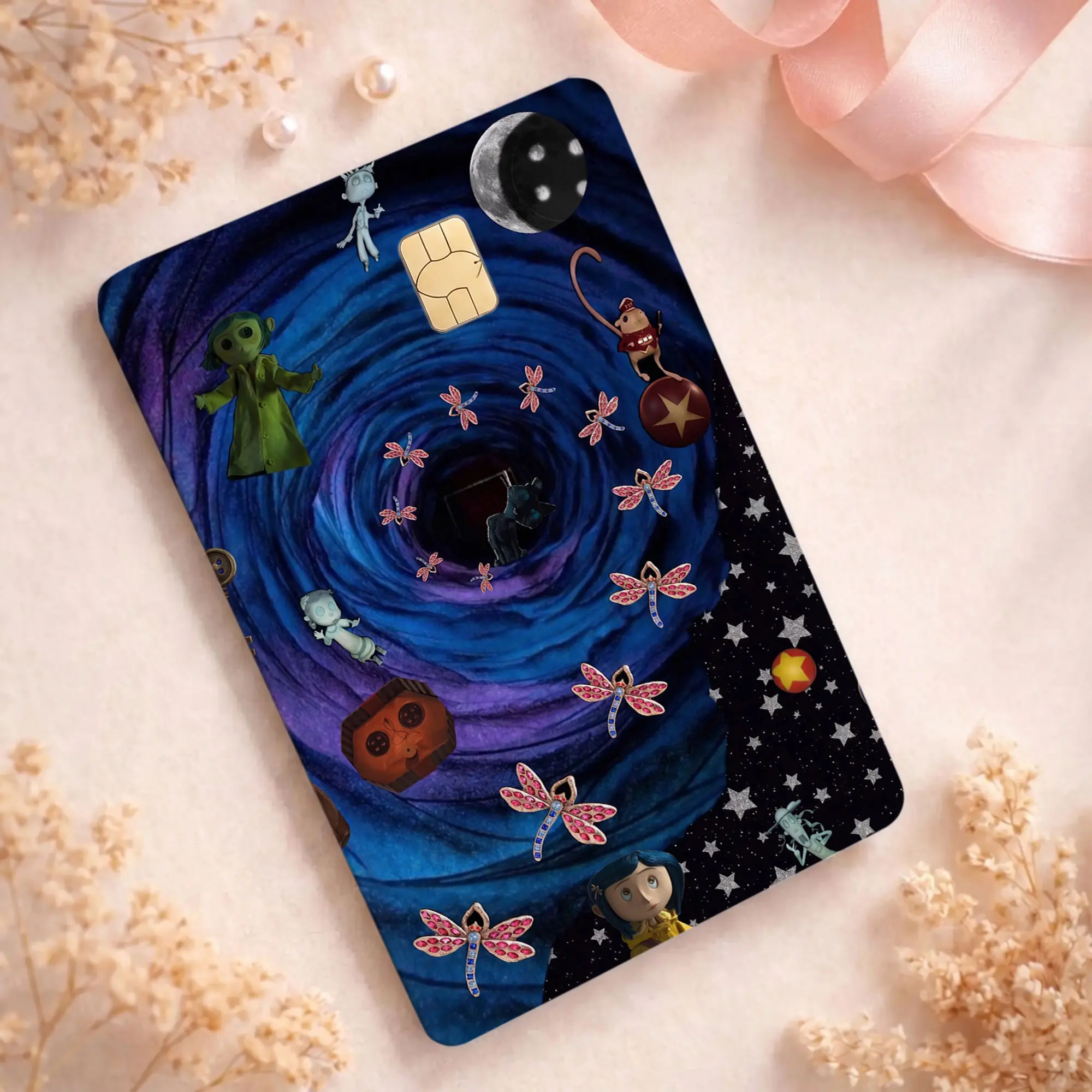 Coraa-line Inspired Doll Card Skin, Haunted Pumpkin Halloween Credit Card Sticker, Creepy Gothic Horror Wallet Decal, Spooky Gift for Teens & Adults