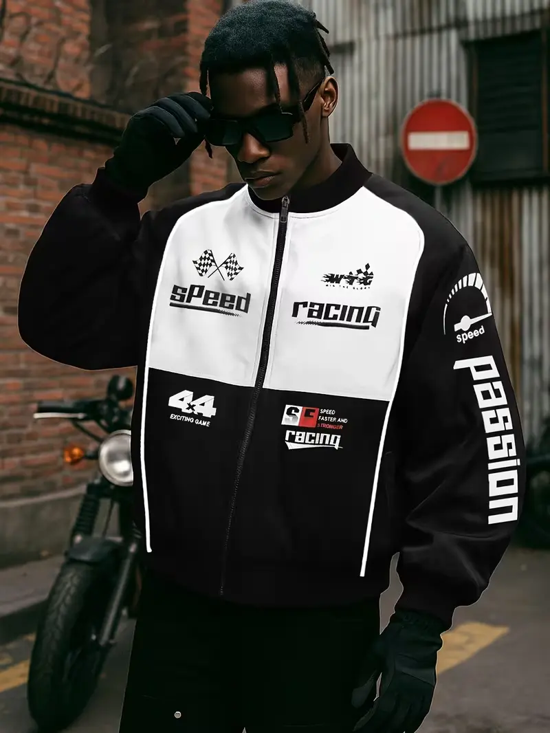 Men's Racing Graphic Zip Up Jacket, Stand Collar Long Sleeve Outerwear, Y2K Streetwear Color Block Motorcycle Coat, Lightweight Casual Bomber Jacket with Motorsport Prints, Loose Fit Fashion Top for Daily Wear, Parties, Travel and Fall Spring Weekend Look