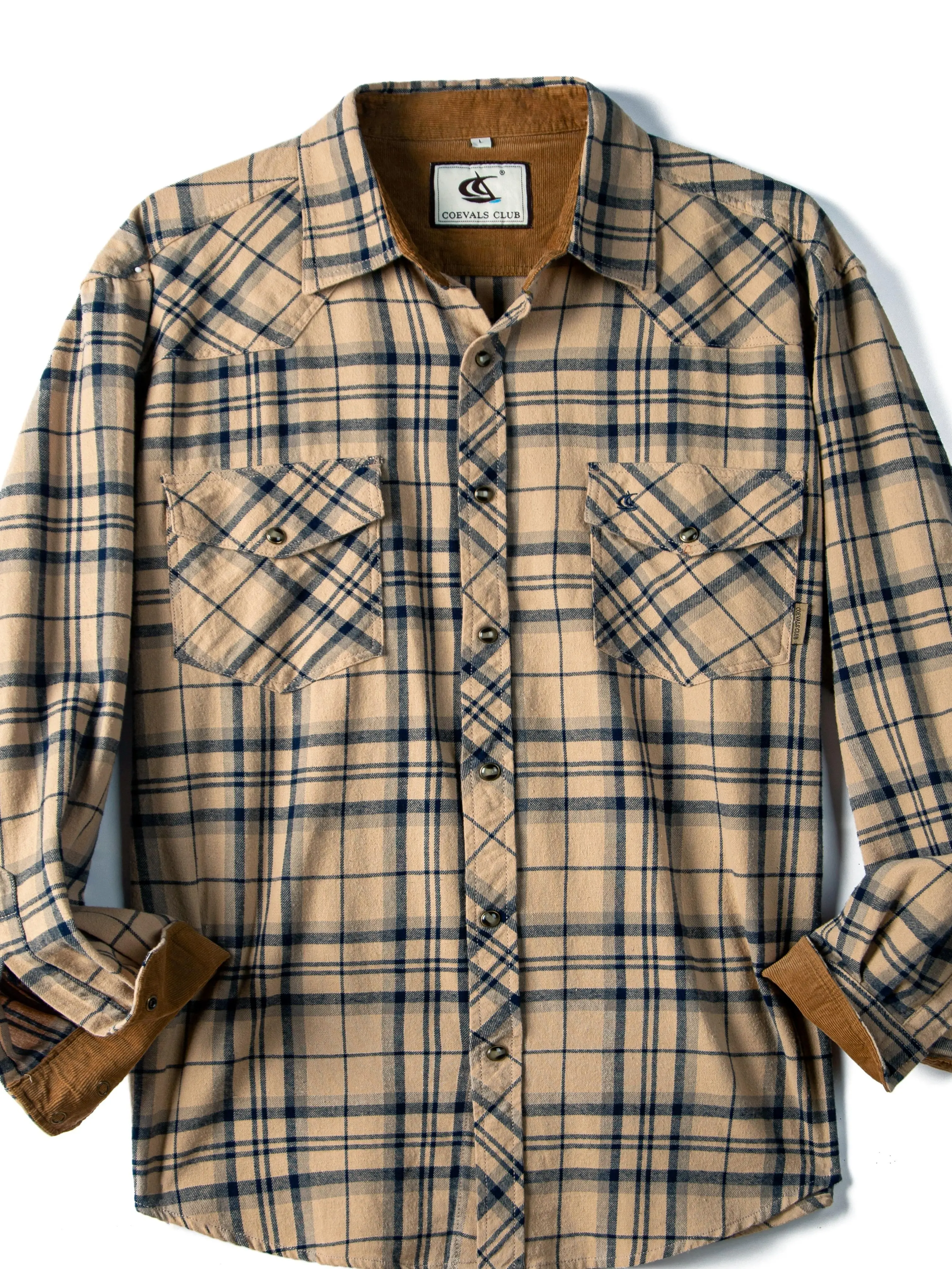 COEVALS CLUB Men's Classic Loose Plaid Flannel Snap-Front Corduroy-Lined Western Cowboy Long-Sleeve Casual Button-Up Shirt with Pockets, Menswear Top, Outdoor, Longsleeves, Cotton, Buffalo Plaid